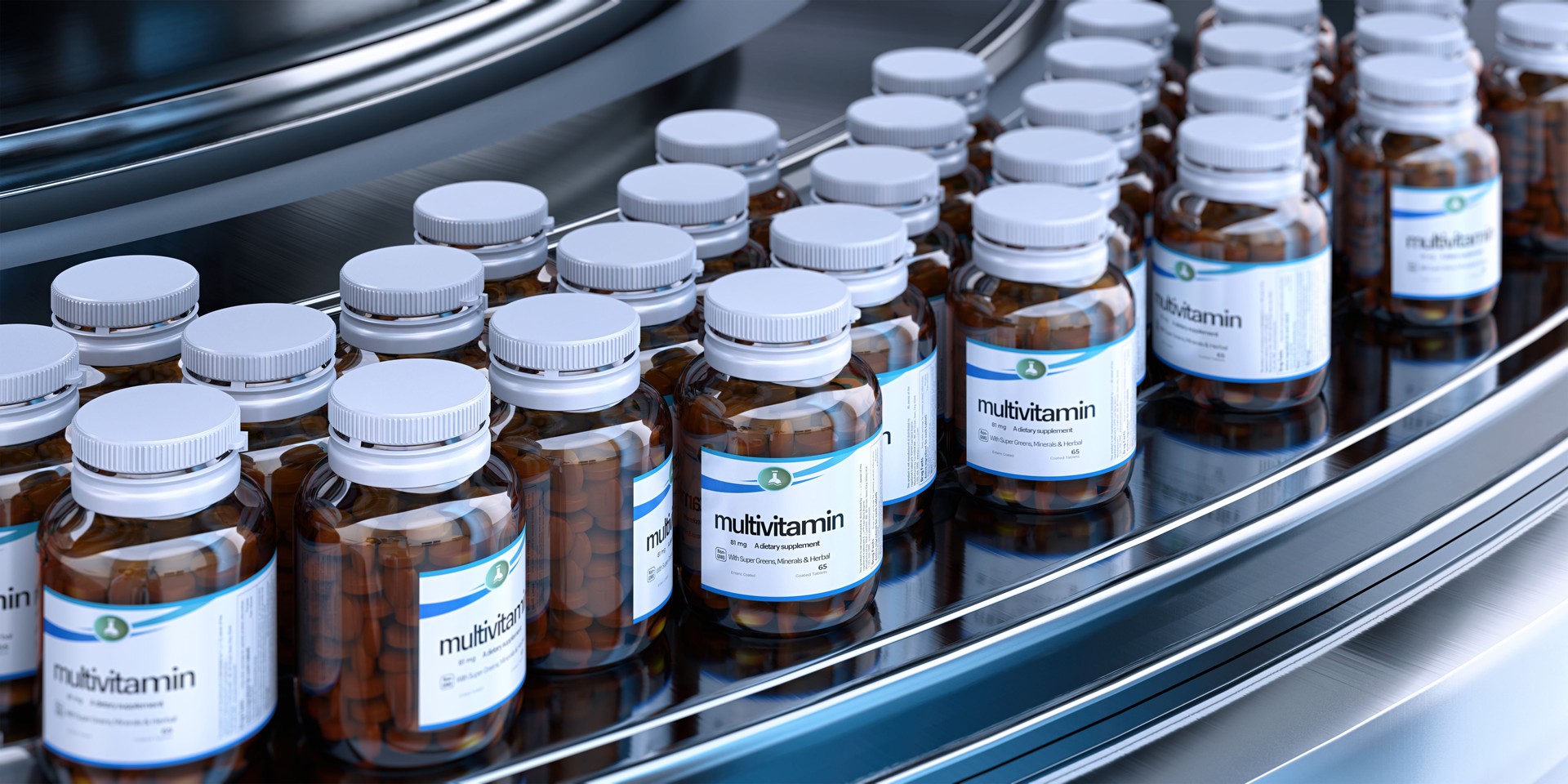 A conveyor belt with bottles of multivitamins. Medications production line, quality checks